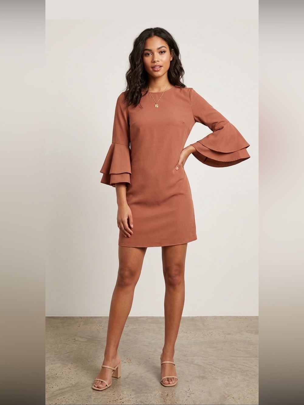 ASOS Brown Tiered‎ Ruffle Bell Sleeve Mini Shift Dress Size 4 ZDRWO1361791